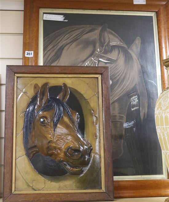 A Victorian charcoal and chalk drawing of a horses head 62 x 43cm and a relief print of a horse